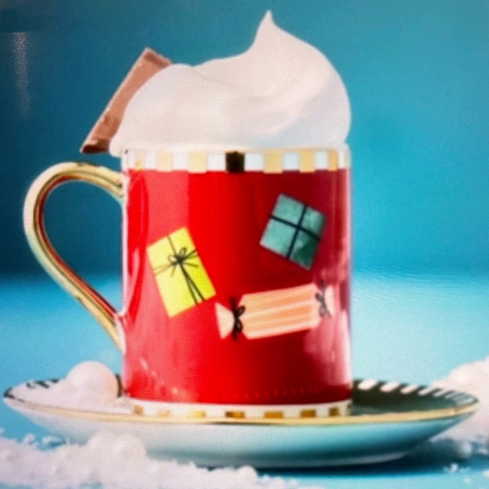 ❤️ ANTHROPOLOGIE CAROLINE STONEWARE HOLIDAY ESPRESSO CUP & SAUCER NEW PRESENTS